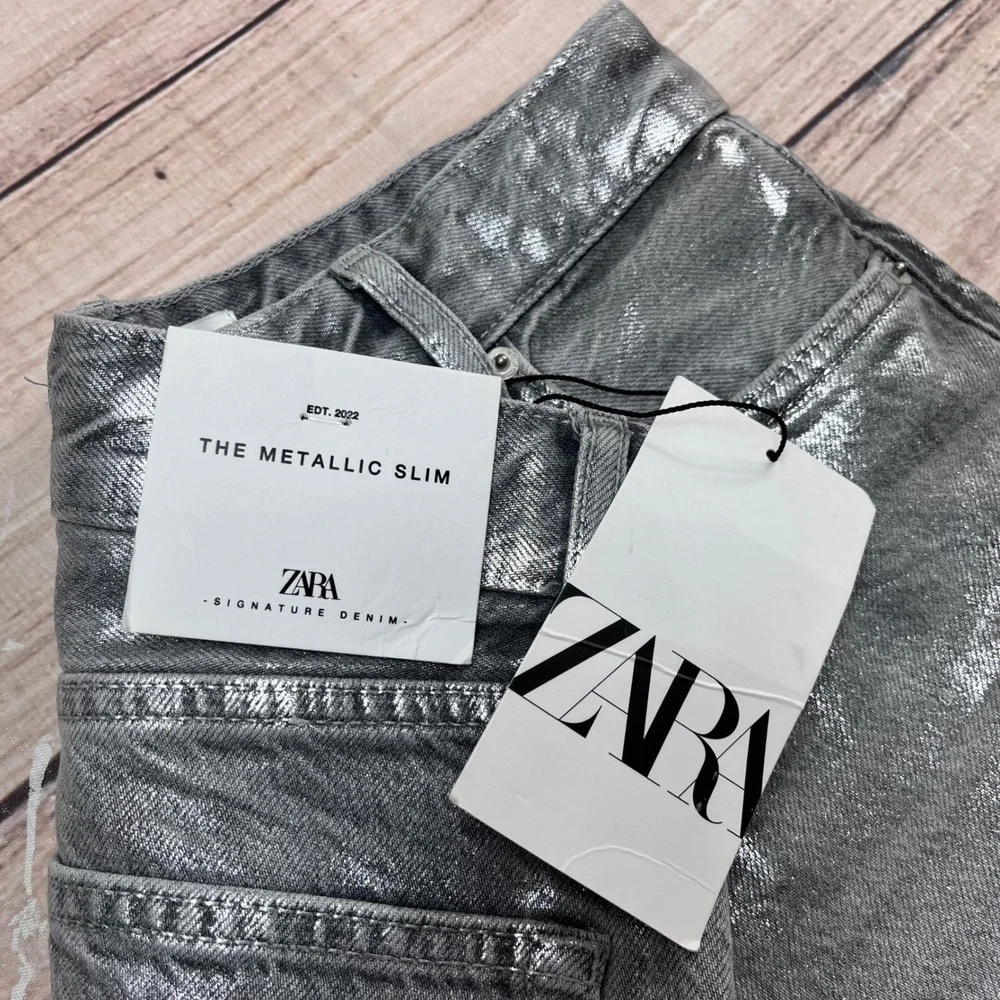 ZARA Metallic‎ Slim Fit Mid Rise Jeans Silver Women Size 2 34